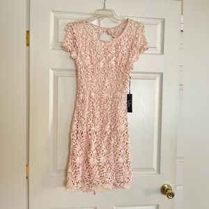 Backless pink lace cocktail dress